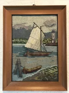 Vintage gerahmtes Segelboot Maritim Nadelspitze Bild Schiff Stickerei Oma Kern - Bild 1 von 10