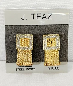 J.Teaz Goldtone Braid and Crystal Square Pierced Earrings 1" - Picture 1 of 4