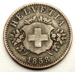 SWITZERLAND 20 RAPPEN 1858 B KM#7 Billon. KK10.3 - Picture 1 of 2