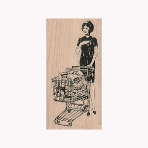 Timbro in gomma montato, carrello signora, casalinga retrò, shopper anni 50, dama - Foto 1 di 1