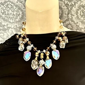 Glitzy Crystal Iridescent Assemblage Necklace, Silver Toned, Clear, Czech Glass - Picture 1 of 8