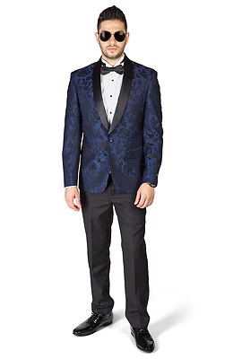 Slim Fit 1 Button Shawl Satin Collar Navy  Floral Jacket Tuxedo Black Pants1714  - Image 1 of 4
