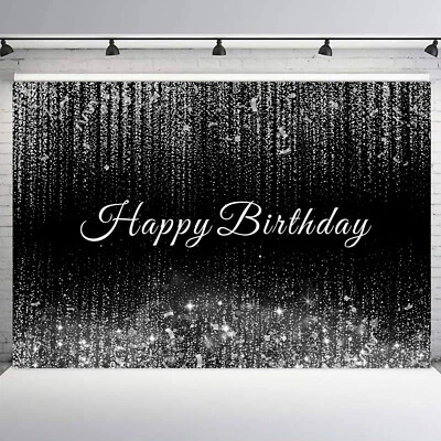 Fondo fotográfico de vinilo blanco y negro de feliz cumpleaños plateado de 10x8 pies Foto 1 de 4