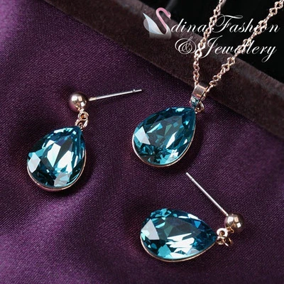 18K Rose Gold Plated Made With Genuine Swarovski Element Teal Water Drop Set - Imagem 1 de 4