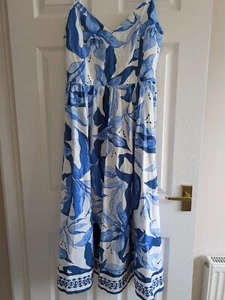 H&M White Blue Floral Patterned Strappy Cotton Midi Dress Size Small BNWT - Picture 1 of 11