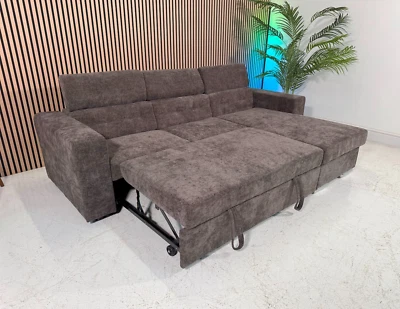DANTE FURNITURE Siena L-Shape Universal Corner Sofabed Plush Brown Fabric Chaise With Storage