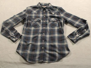 Levis Womens Long Sleeve Pearl Snap Plaid Western Shirt Sz XS Gray Tailored Fit - Picture 1 of 12