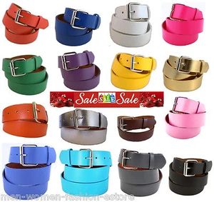 Men's Womens New Plain Leather Belt Unisex Snap-On Removable Roller Buckle Solid - Picture 1 of 17