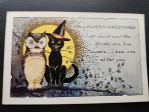 Antike Whitney Halloween Postkarte Eule & schwarze Katze um 1900 mit Hexenhut - Bild 1 von 6