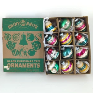 Shiny Brite Box mit 12 gestreiften MCM Weihnachtsschmuck 1 3/4" Glocken Laternen Glimmer - Bild 1 von 11