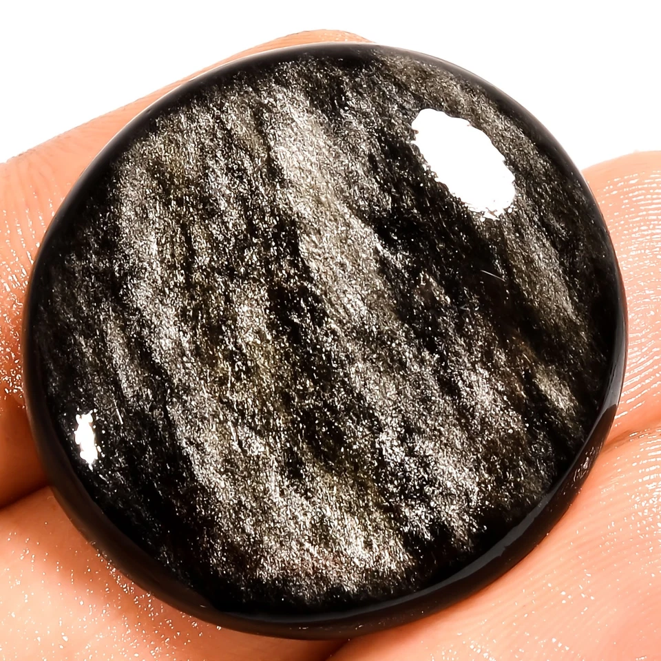 Piedra preciosa cabujón redondo obsidiana brillo plata natural 28 quilates 27X26X5 mm UG-3548 Foto 1 de 2