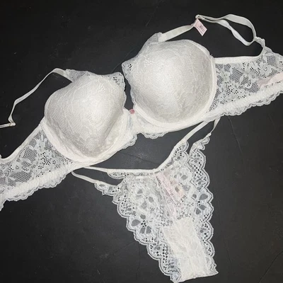 Victoria's Secret 36DD SUJETADOR CONJUNTO M panty coco BLANCO encaje floral Dream Angels Foto 1 de 3