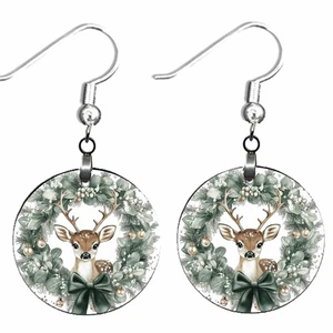 Christmas Wreath Little Deer Earrings Dangle Handcrafted Holidays Xmas Jewelry - Picture 1 of 7