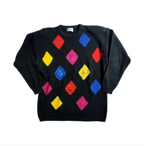 Vintage 80er Jahre schwarzer Pailletten Pullover Gr. XL klobiges Design Damen Street Style  - Bild 1 von 6