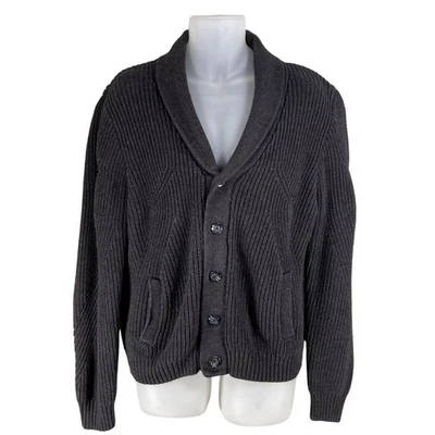 Vintage Shawl Collar Cardigan Mens L Cable Knit Gray Pockets Fisherman Sweater - Image 1 of 4