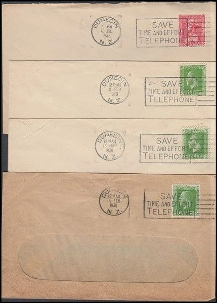 NUEVA ZELANDA 1930/2 “AHORRA/TIEMPO Y ESFUERZO/TELÉFONO” ESLOGAN FUNDAS (x4)  Foto 1 de 1
