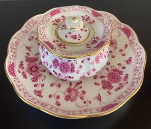 Meissen Porcelain Indian Pattern Pink Inkwell on a Saucer - Picture 1 of 6