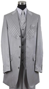 Men's 4 Button High Fashion Shiny Shadow Strips Suit w/ Vest + Pants Silver 2915 - Picture 1 of 4