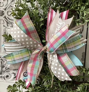 Spring Messy Bow, Spring Wreath Bow, Pink & Aqua Lantern Bow, Basket Bow - Picture 1 of 7