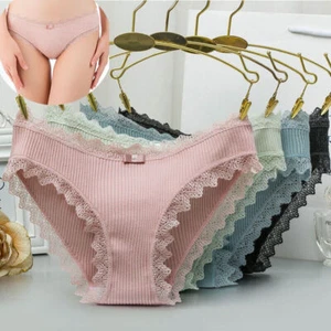 Bowknot Women Cotton Underwear Lingerie Striped Panties Casual Lace Sexy Briefs - Picture 1 of 16