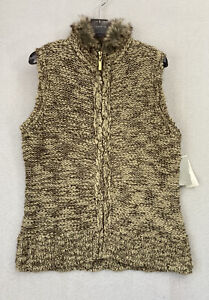NWT Charter Club Faux Fur Trim Front Zip Sweater Vest Brown Size Small