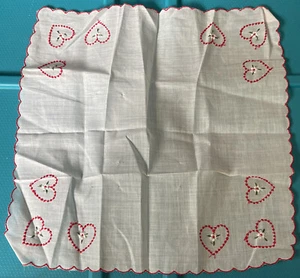 Handkerchief Valentine White Red Hearts Embroidered Linen Vintage - Picture 1 of 6