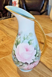 Rose rosa giapponesi, piccolo vaso bocciolo brocca, bordato oro dipinto a mano vintage - Foto 1 di 7