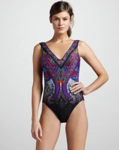 Gottex Size 8 Women’s Tribal Folklore Print One Piece Bathing Suit Black Purple - Picture 1 of 13