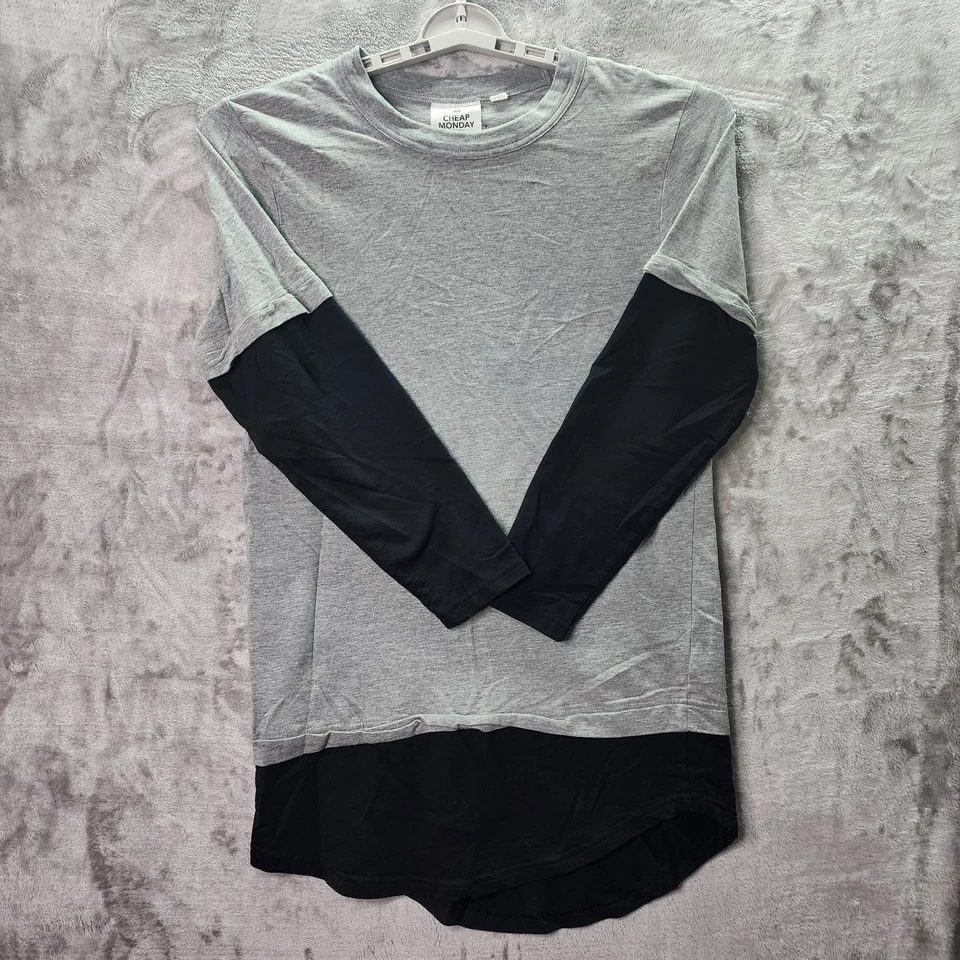 Cheap Monday Fake Is Tee Longline Shirt Gray Black Layered Hem Men’s Small Goth - Image 1 of 4