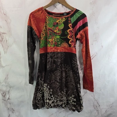 Desigual Dress Girls 13 14 Brown Red Paisley Knit Long Sleeve Ruffle Stretch - Image 1 of 4