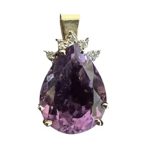 Vintage Pear Cut Amethyst and Diamond Statement Pendant Solid 10K Yellow Gold - Picture 1 of 13