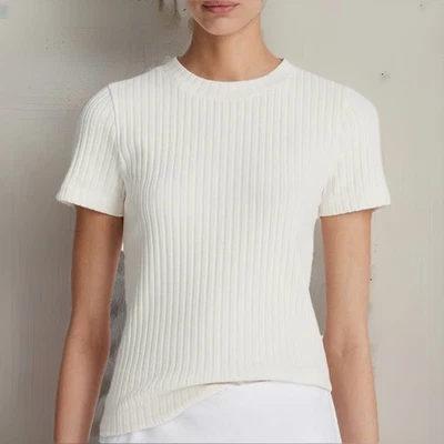 Vince Ribbed Cotton Off White Fitted Short Sleeve T-shirt Women’s Size M Classic - Image 1 of 4
