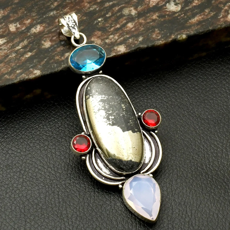 Pingente de granada pirita Apache pedra preciosa étnica feita à mão joia 3,52" AP-41425 - Imagem 1 de 1