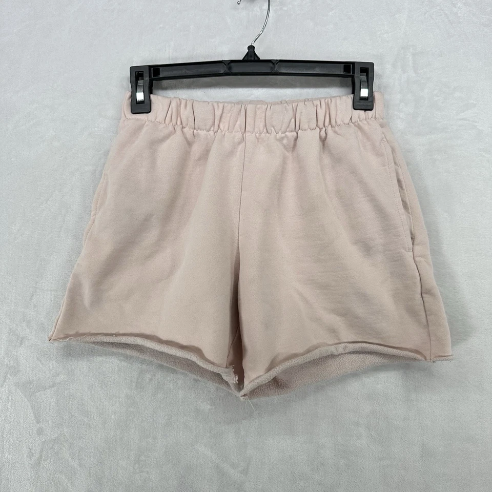 Pantalones Cortos Brandy Melville Para Mujer Pequeños Rosa Pastel Sudor Dobladillo Crudo Cintura Elástica Gimnasio Foto 1 de 4