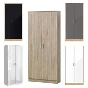 Hochglanz 2-türiger Holz Kleiderschrank mit Hängeschienen Schlafzimmer Aufbewahrung Möbel - Bild 1 von 13