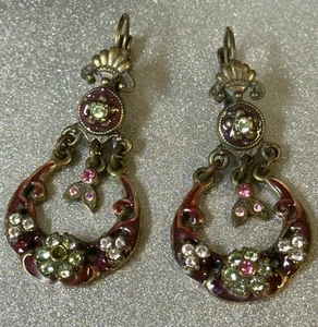 Vtg KIRKS FOLLY GoldTone Pink Purple Rhinestone Flower Dangle Earrings CJ-M-5 - Picture 1 of 4