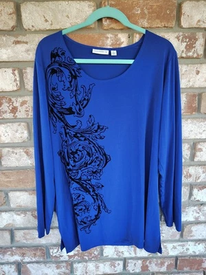 Туника Susan Graver Royal Blue с длинным рукавом жидкая вязаная топ размер XL бархатный принт - Изображение 1 из 4