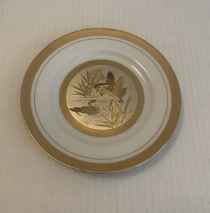 Vintage Art Of Chokin 6.25” Japanese Plate Bird In Water Gold Edged Decorative - Picture 1 of 5