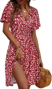 LIAMERHE Robe Été Femme Fleur Taille L Bohème Chic Col V Plage Couleur Fleur - Afbeelding 1 van 6