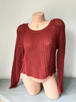 Aerie M Cropped Sweater Top Cotton Open Knit Long Sleeve Lace Up Cayenne Fall - Image 1 of 4