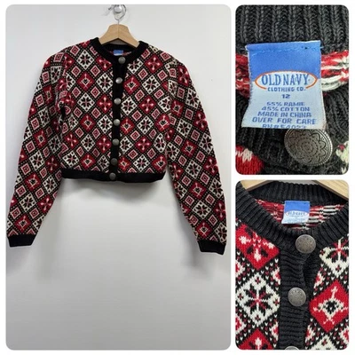 Cárdigan Recortado Old Navy Fair Isle Rojo Negro Blanco De Colección Años 90 Talla Juvenil 12 Foto 1 de 4