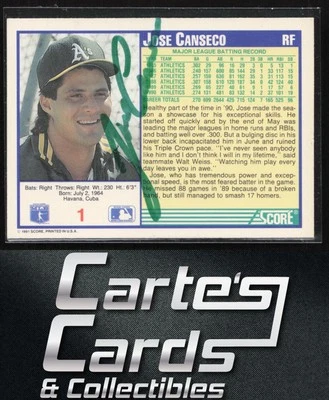 Jose Canseco 1991 Score #1 Oakland Athletics TTM/IP Signed Auto - Image 1 of 2