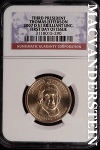 2007-D Thomas Jefferson Presidential Dollar - NGC Brilliant Unc - #SLi117 - Bild 1 von 2