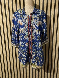 antica sartoria by giacomo cinque Blue Boho Beaded Shirt Tunic Top Size 12/14 - Picture 1 of 8