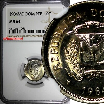 DOMINICAN REPUBLIC 1984 MO 10 Centavos NGC MS64 Juan Pablo Duarte KM# 60 (066) - Image 1 of 4