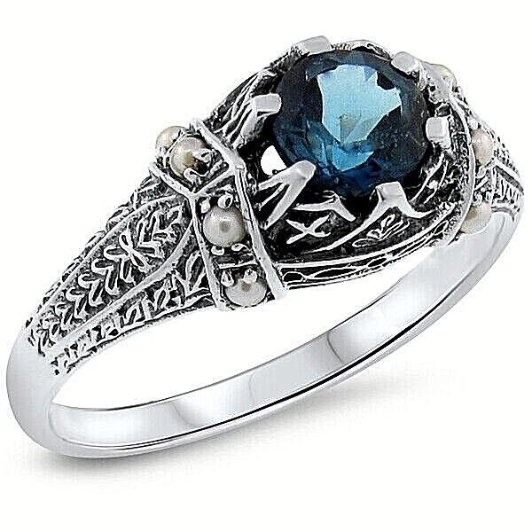 ANTIQUE STYLE GENUINE LONDON BLUE TOPAZ & PEARL 925 STERLING SILVER RING    #619 - Image 1 of 1