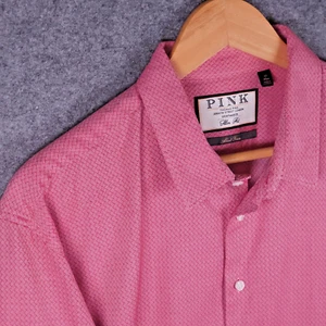 Thomas Pink Shirt Mens 17" Collar Pink Geometric Long Sleeve Slim Fit About Town - Picture 1 of 10