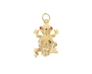 14K Two Tone White & Yellow Gold Frog Charm w/ Diamonds & Ruby Eyes - Picture 1 of 4