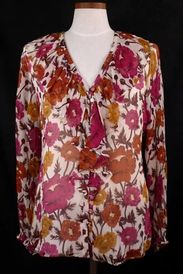 NWT Massimo Dutti 100% SILK CREPE RUFFLE V-NECK BLOUSE in POPPY FLORAL Size 10 - Image 1 of 3