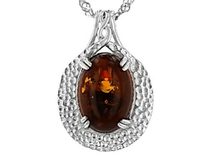 14X10mm Oval Cab Amber Rhodium over Sterling Silver Solitaire Pendant with Chain - Picture 1 of 3